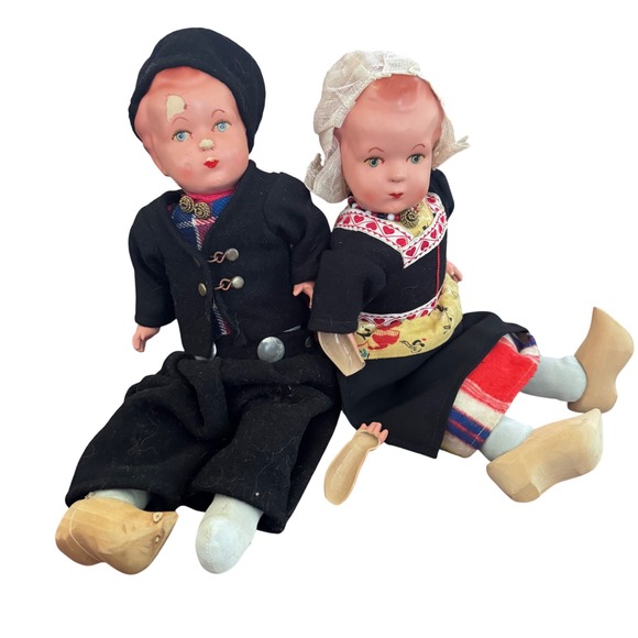 Scary Dolls Very Old Dutch Dolls Boy and Girl Folk Costume Damaged Arm  face 14" - Picture 1 of 10